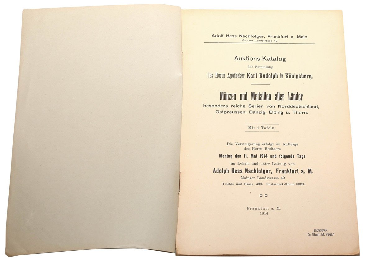 Katalog aukcyjny Adolph Hess „Sammlung des Herrn Apotheker Karl Rudolph”, 1914 r.